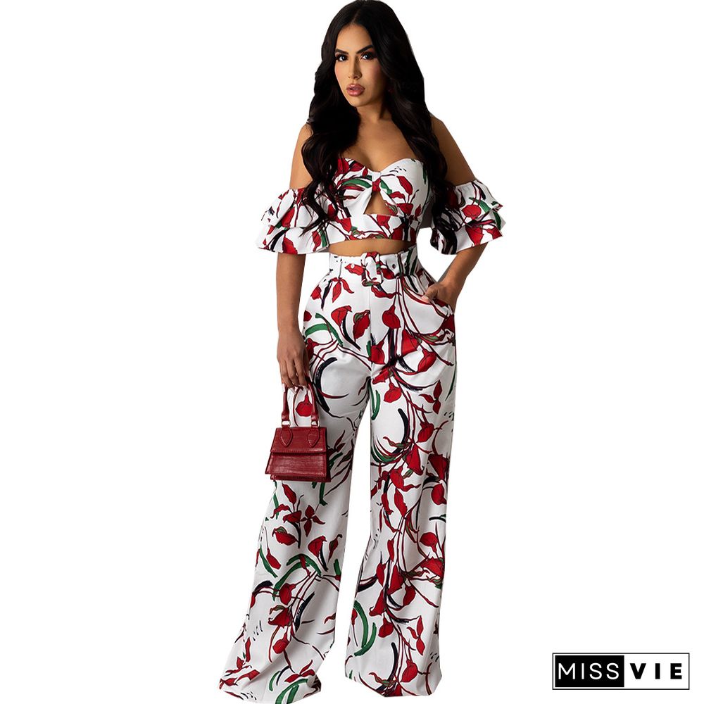 Casual Floral Printed Off Shoulder Short Sleeve Crop Tops Long Pants Street Wear Summer Two Piece Set