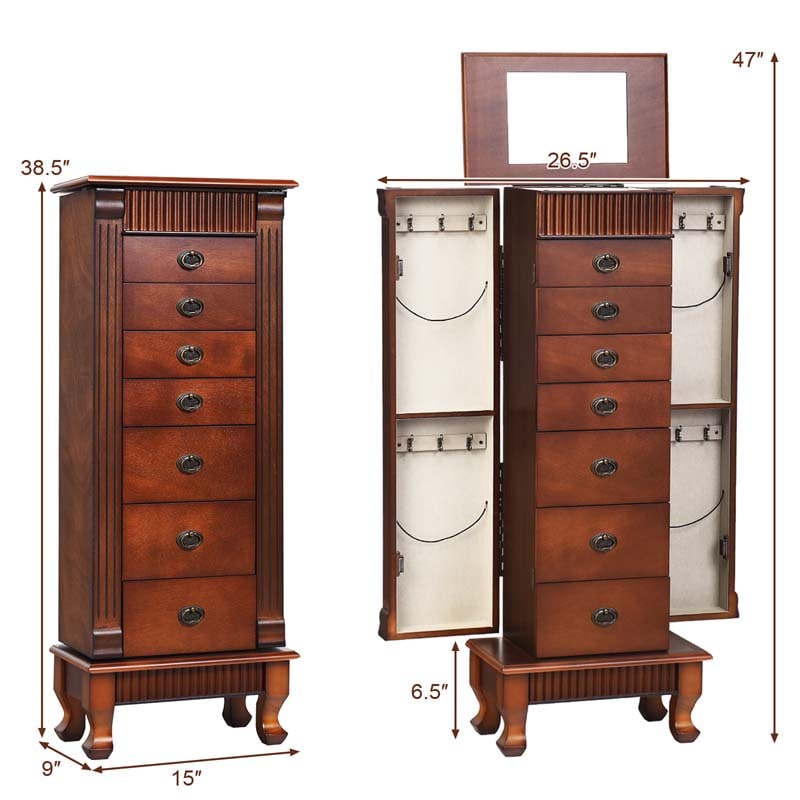 Large Capacity Standing Jewelry Armoire Cabinet Storage Chest with 7 Drawers, 2 Swing Doors & Makeup Mirror