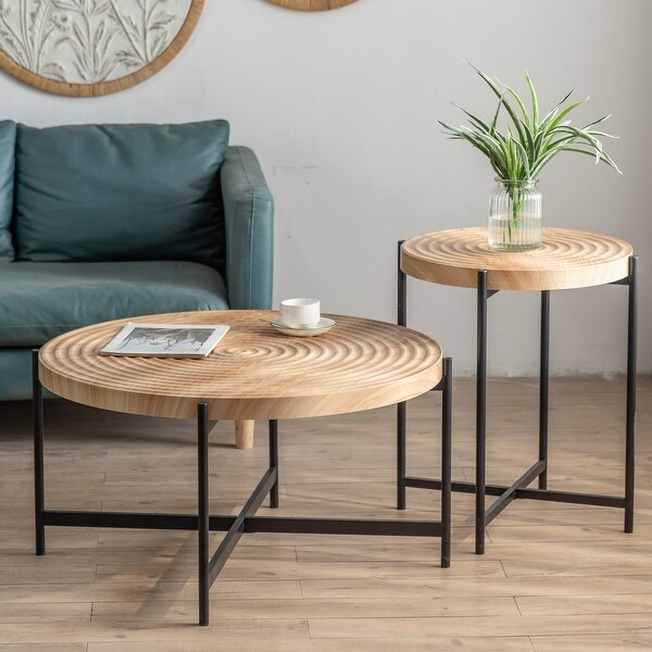 Modern Thread Design Round Coffee Table with Concentric Circular Pattern， MDF Table Top with Cross Legs Metal Base