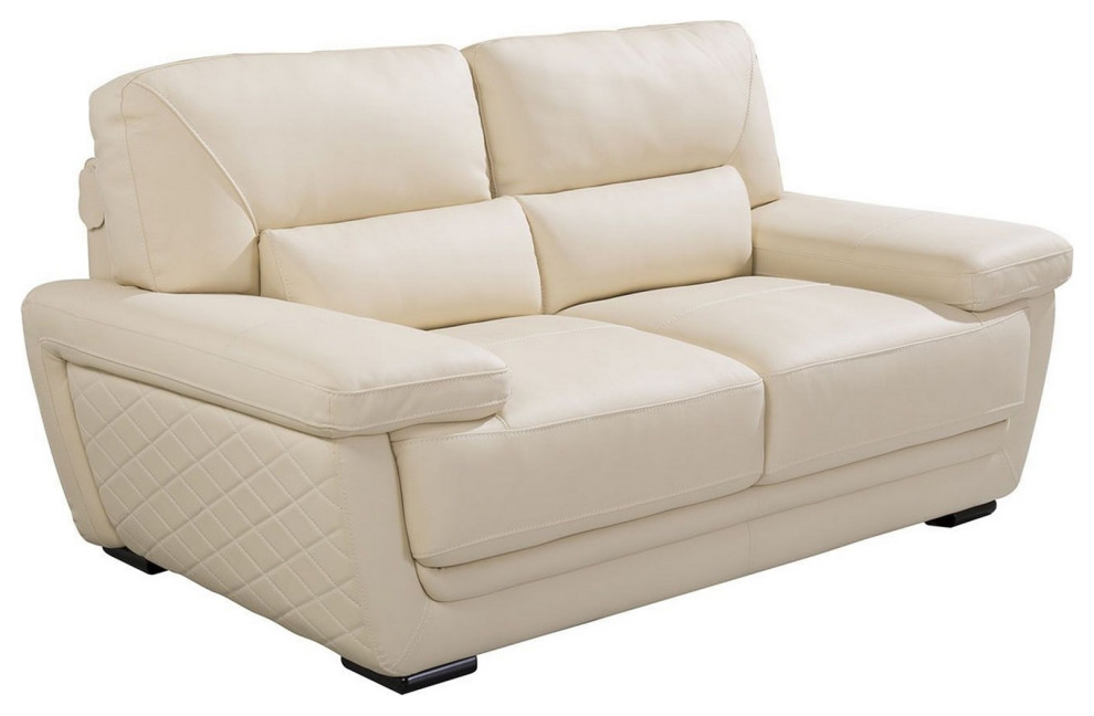 Leatherette Loveseat With Attached Waist Pillow And Diamond Pattern  Cream   Contemporary   Loveseats   by VirVentures  Houzz