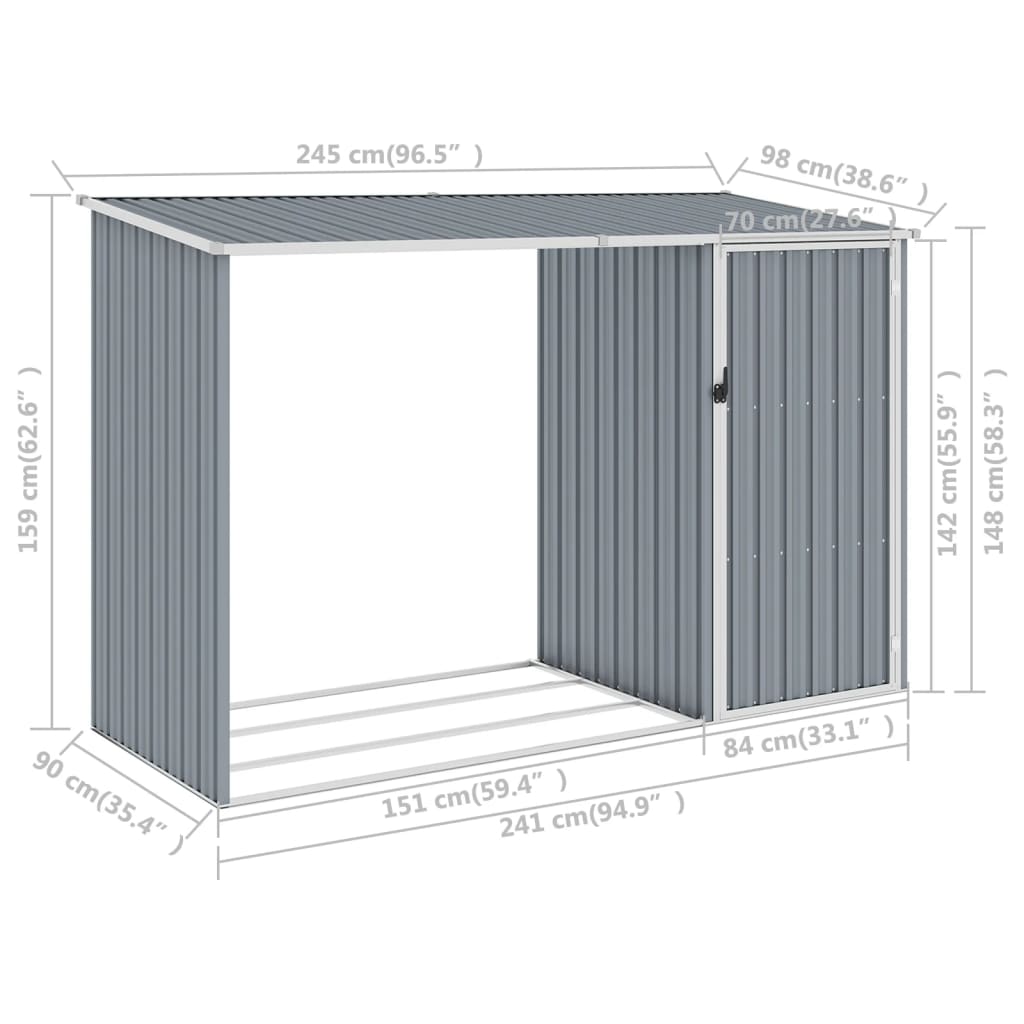 Firewood Shed Charmma Garden Storage Shed Gray 96.5"x38.6"x62.6" Galvanized Steel