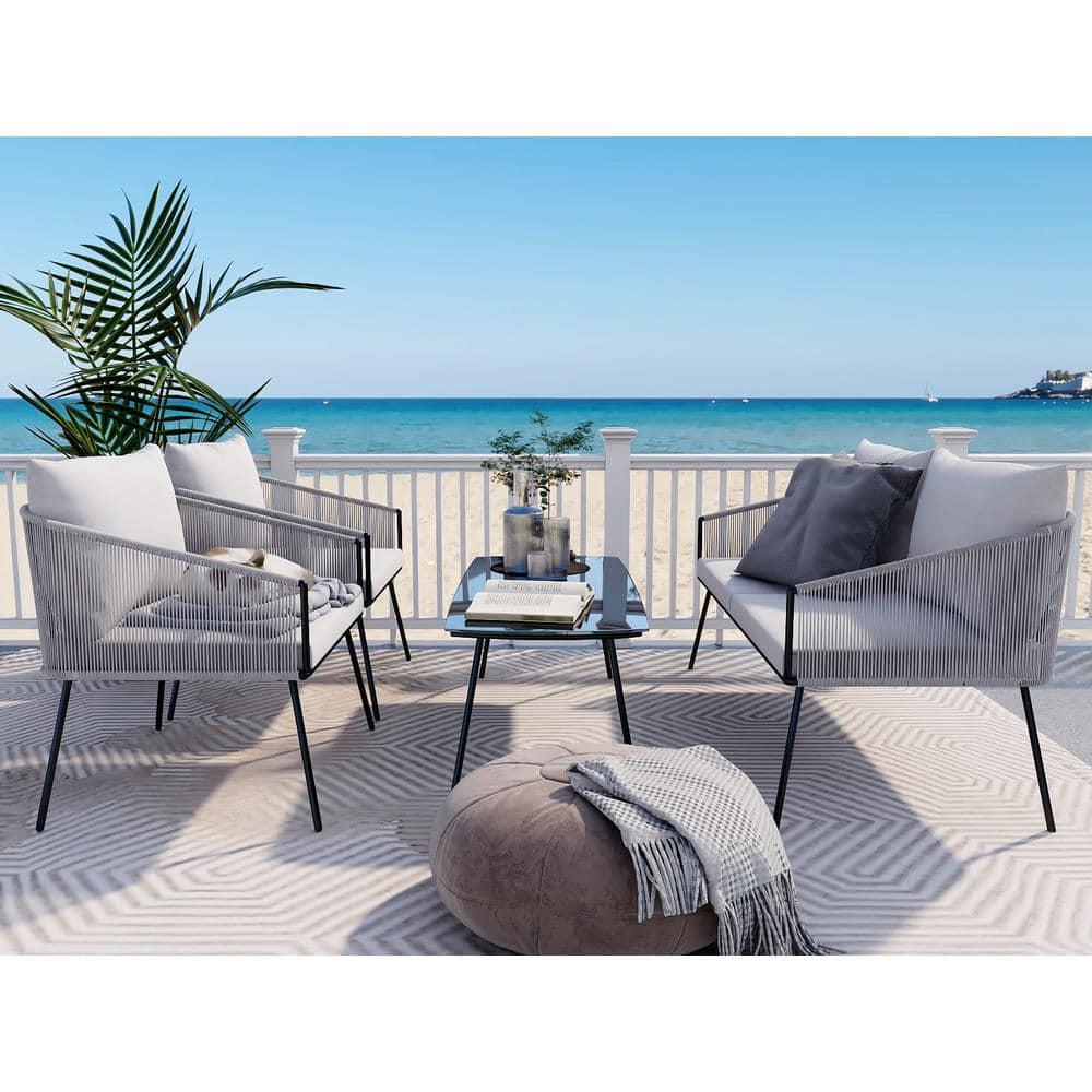 Uixe 4Piece Iron Outdoor Patio Conversation Set with Light gray Cushions