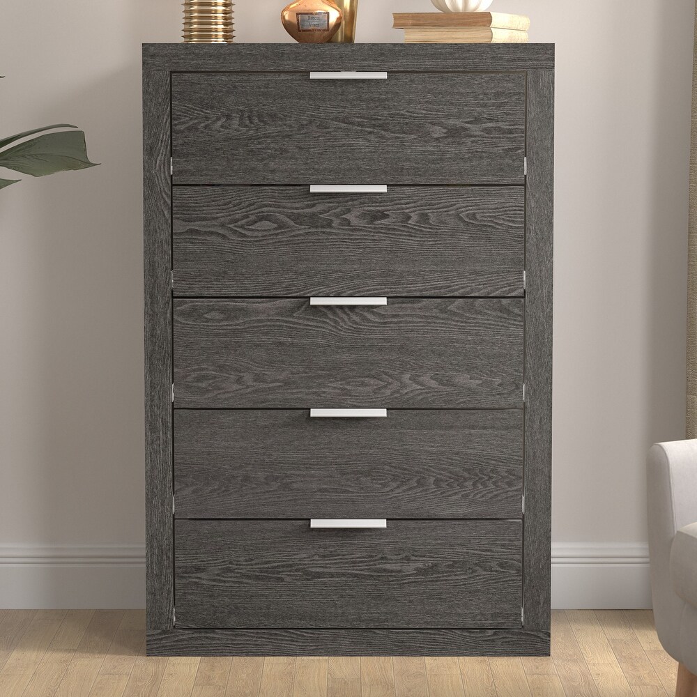 GALANO Harlowin 5 Drawer Dark Gray Oak Chest of Drawers 46.4 in. × 16.2 in. × 30.7 in.