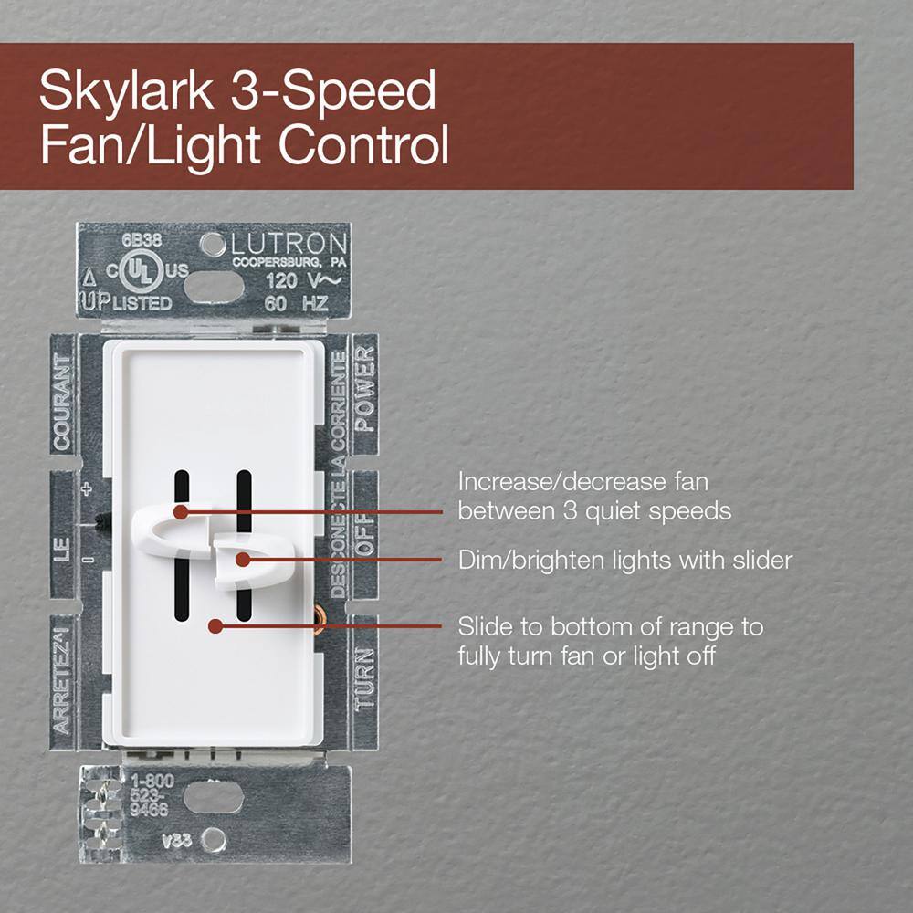 Lutron Skylark Combination Fan and Light Control 3-Speed 1.5 Amp Fan300W Incandescent Single-Pole White (S2-LFSQH-WH) S2-LFSQH-WH