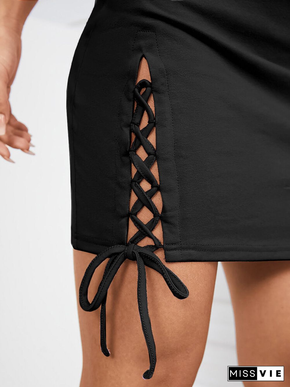 Solid Lace Up Elastic Waist Mini Skirt for Women