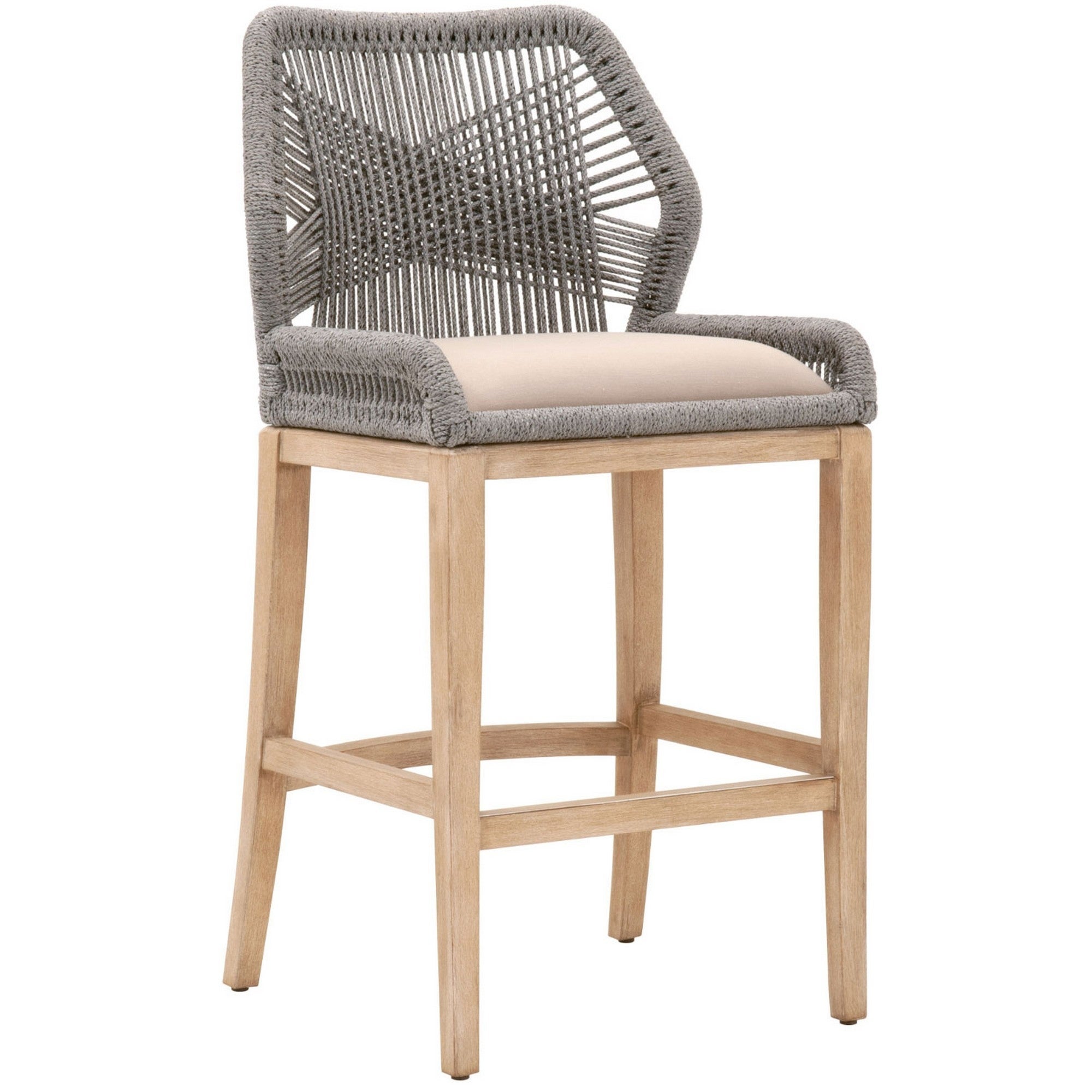 Counter Stool with Wooden Legs and Rope Back， Gray and Brown