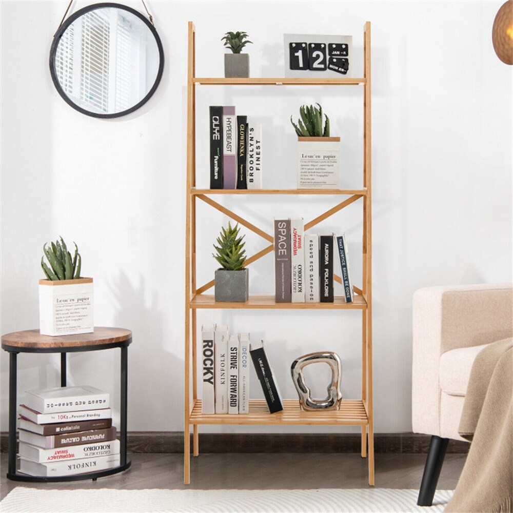 4 Tier Bamboo Ladder Bookshelf Natural Color