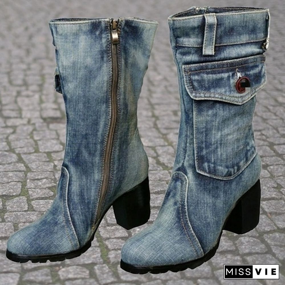 New Fashion Women's Denim Boots Chunky High Heel Mid Calf Boots Ladies Side Zipper Cowboy Boots