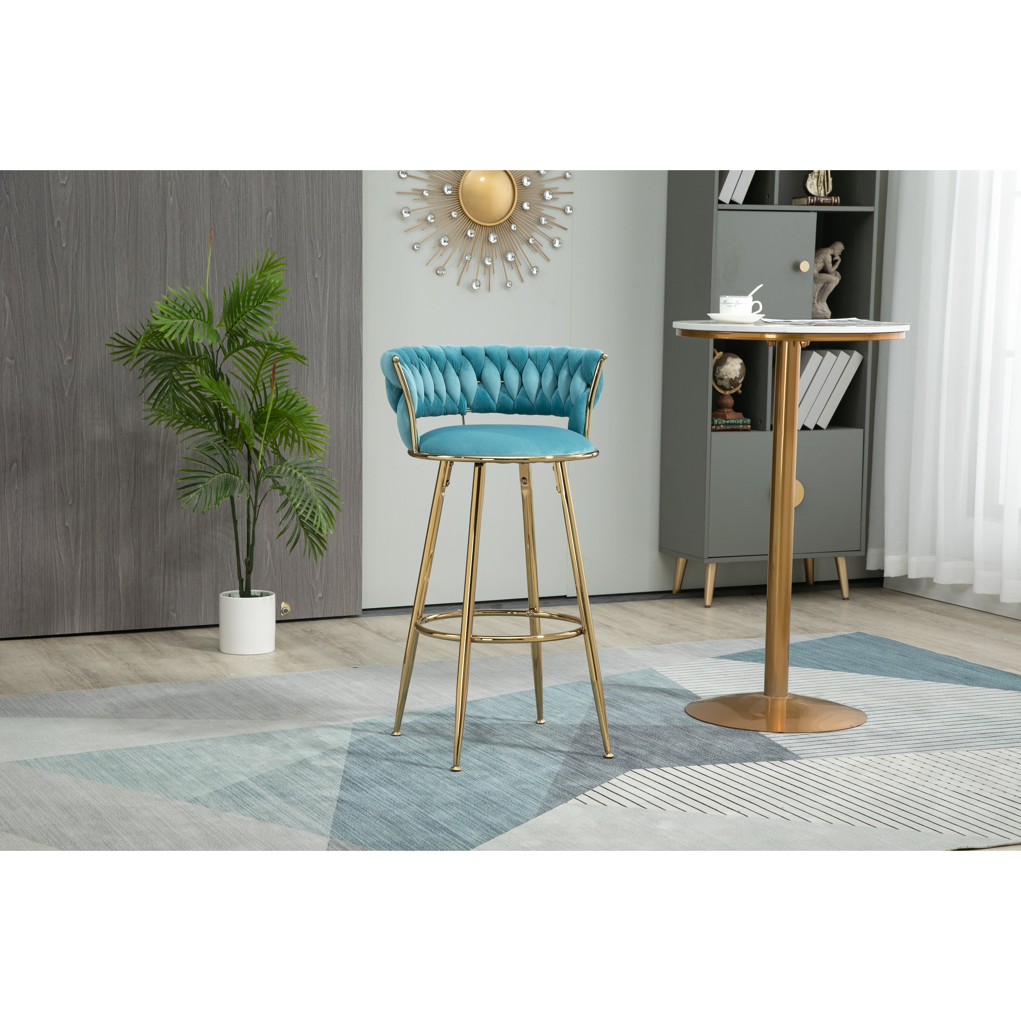 Modern Counter Height Bar Stools with Gold Metal Legs Velvet Bar-Chairs