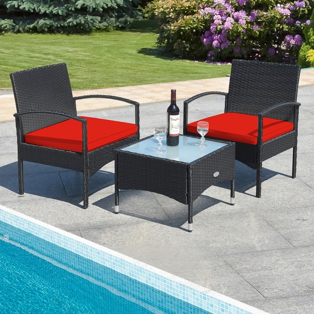 Tangkula 3 Pcs Patio Wicker Rattan Furniture Set Coffee Table amp 2 Rattan Chair W Cushion Red