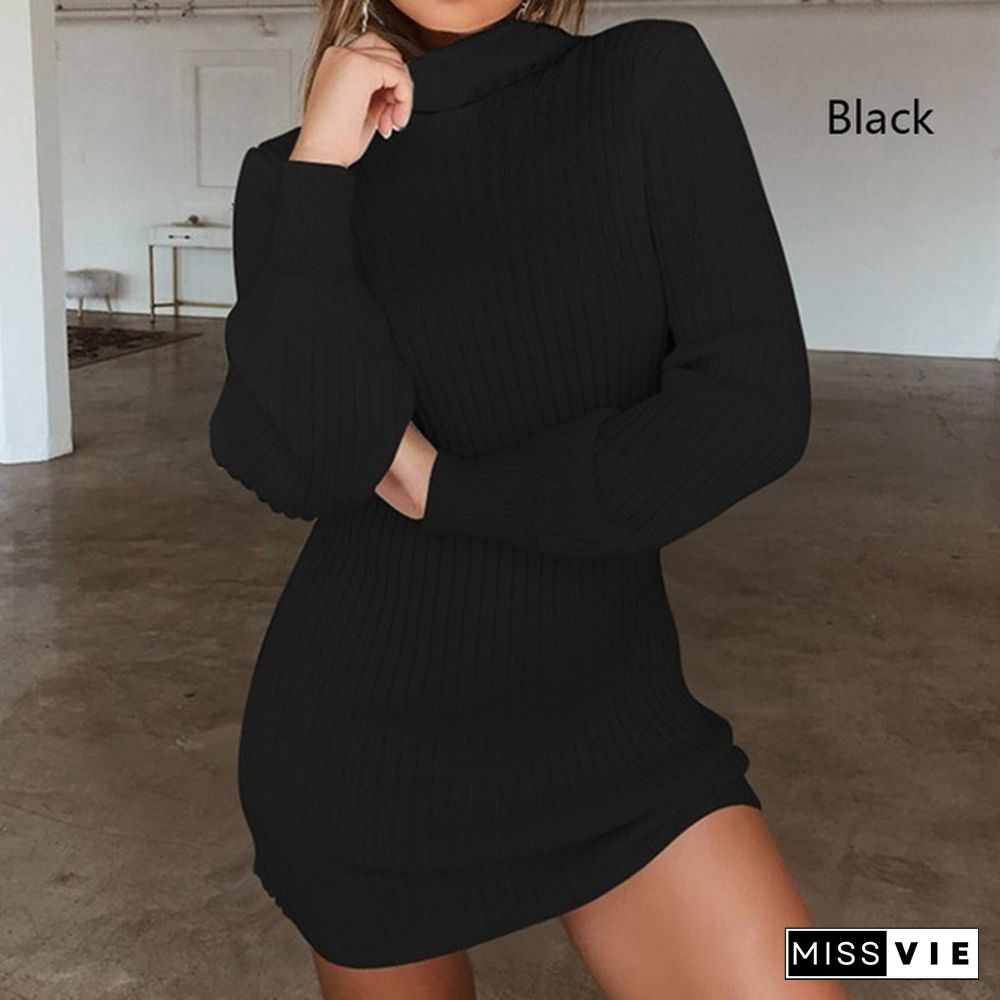 Women Autumn and Winter Long Sleeve Knitted Sweater Dress Ladies Fashion Keep Warm Knitting High Collar Slim Fit Bottoming Mini Knitting Dress