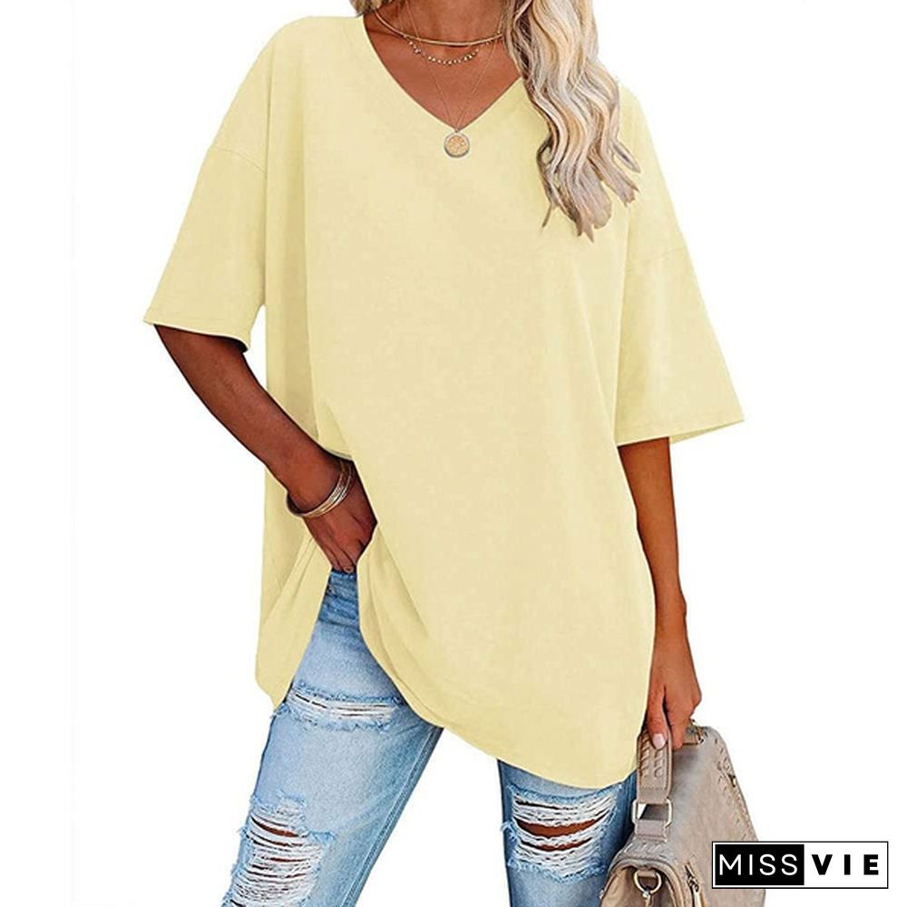 XS-8XL Spring Summer Tops Plus Size Fashion Clothes Women's Casual Short Sleeve Tee Shirts Ladies O-neck Blouses Solid Color Oversized Pullover Tops Half Sleeve Loose T-shirt Beach Wear Cotton T-shirt