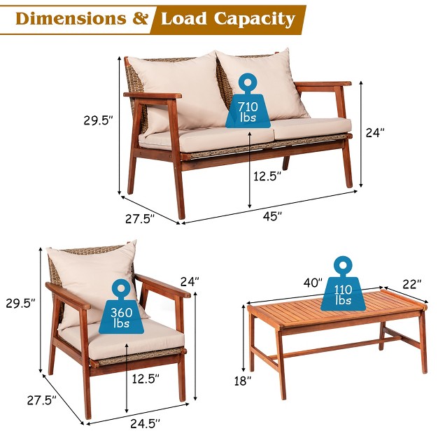 Costway 4pcs Patio Rattan Furniture Set Acacia Wood Frame Cushioned Sofa Chair Garden