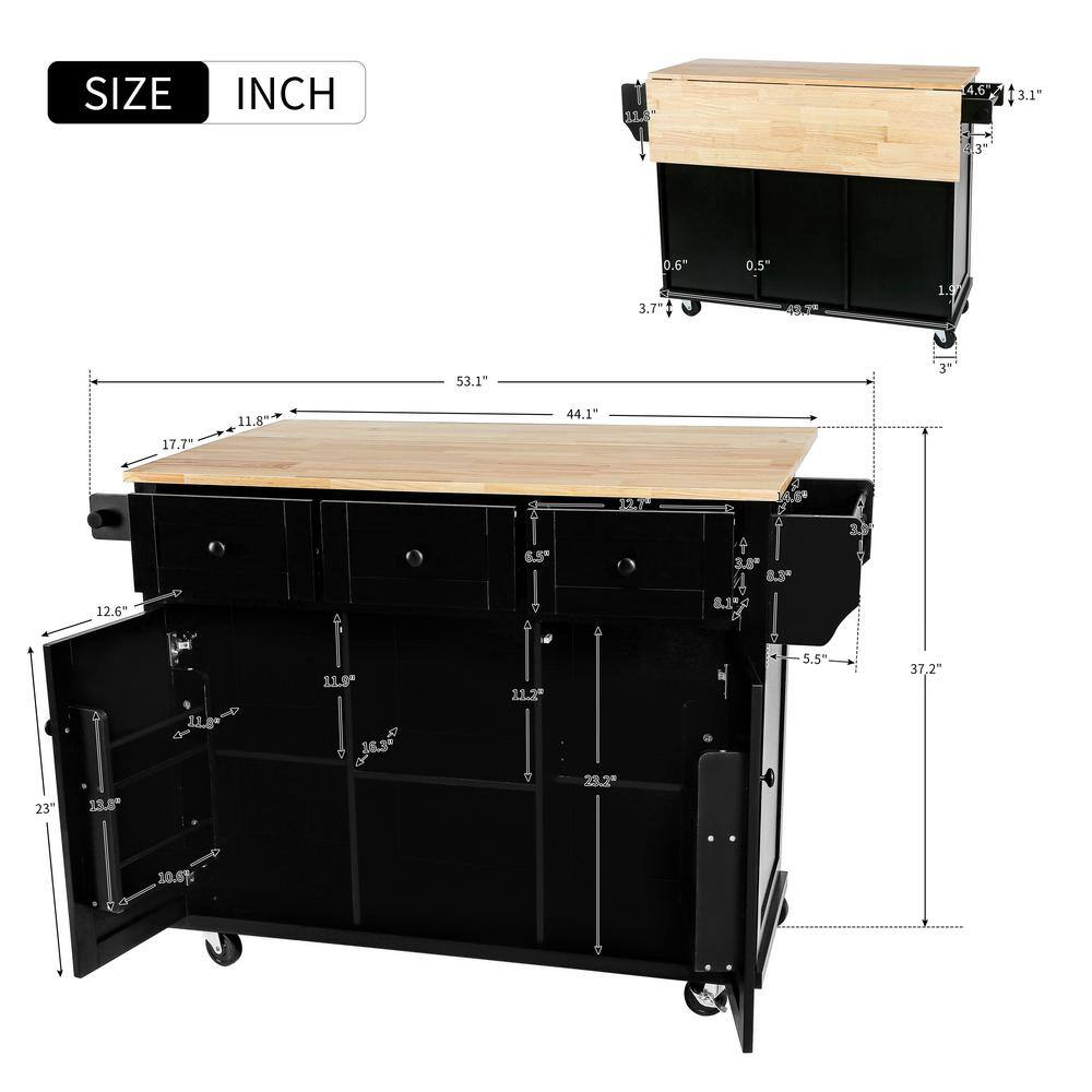 Zeus  Ruta Black Rubber wood 53.1 in. Kitchen Island Drop-Leaf Countertop Cabinet Internal Storage Racks Kitchen Island on 5 Wheels K-16HEGHVDGS