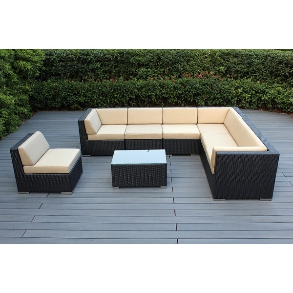 Ohana Outdoor Patio 8 Piece Black Wicker Sectional Set with Cushions