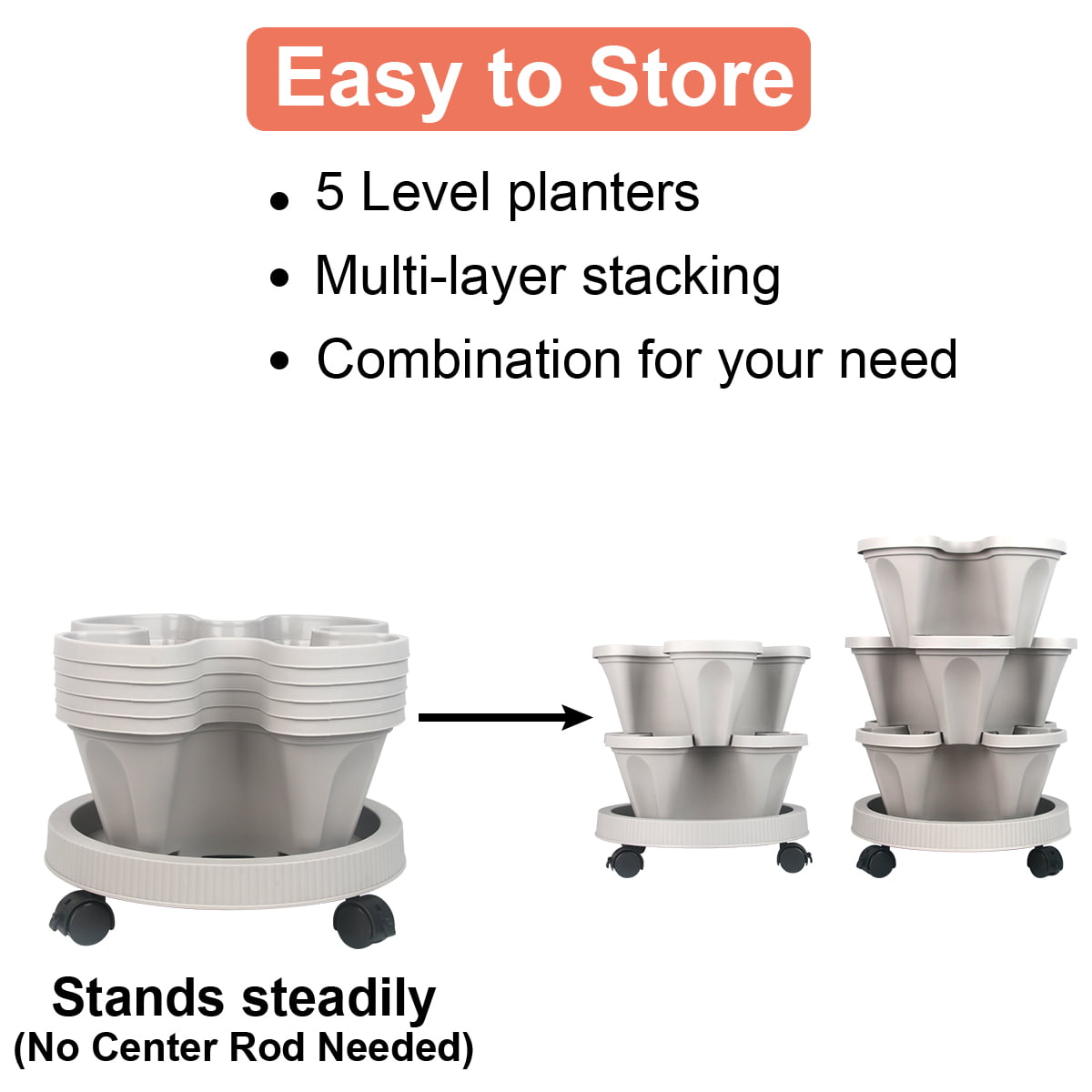 5 Tier Vertical Garden Plastic Planter, Stackable Strawberry and Herb Pots with Saucer for Vegetable Flower Plants, Gray