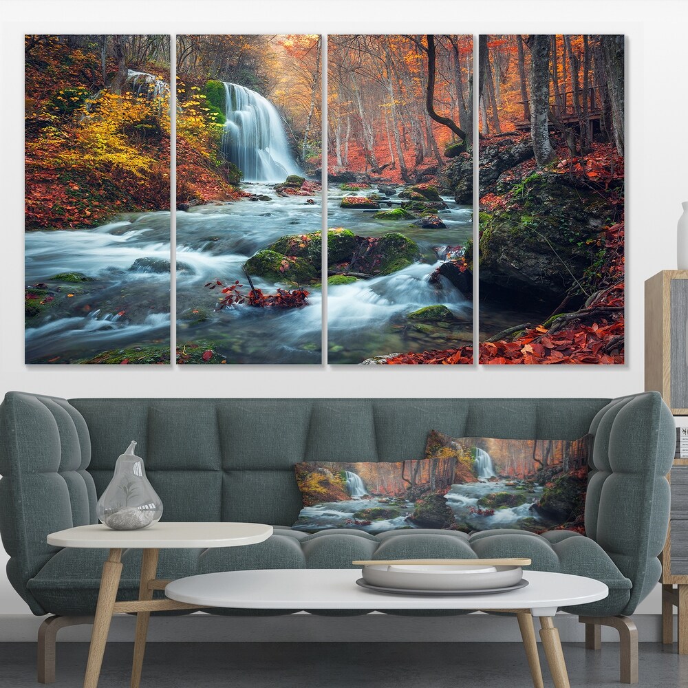 Autumn Mountain Waterfall Long View Landscape Photo Canvas Print   Orange