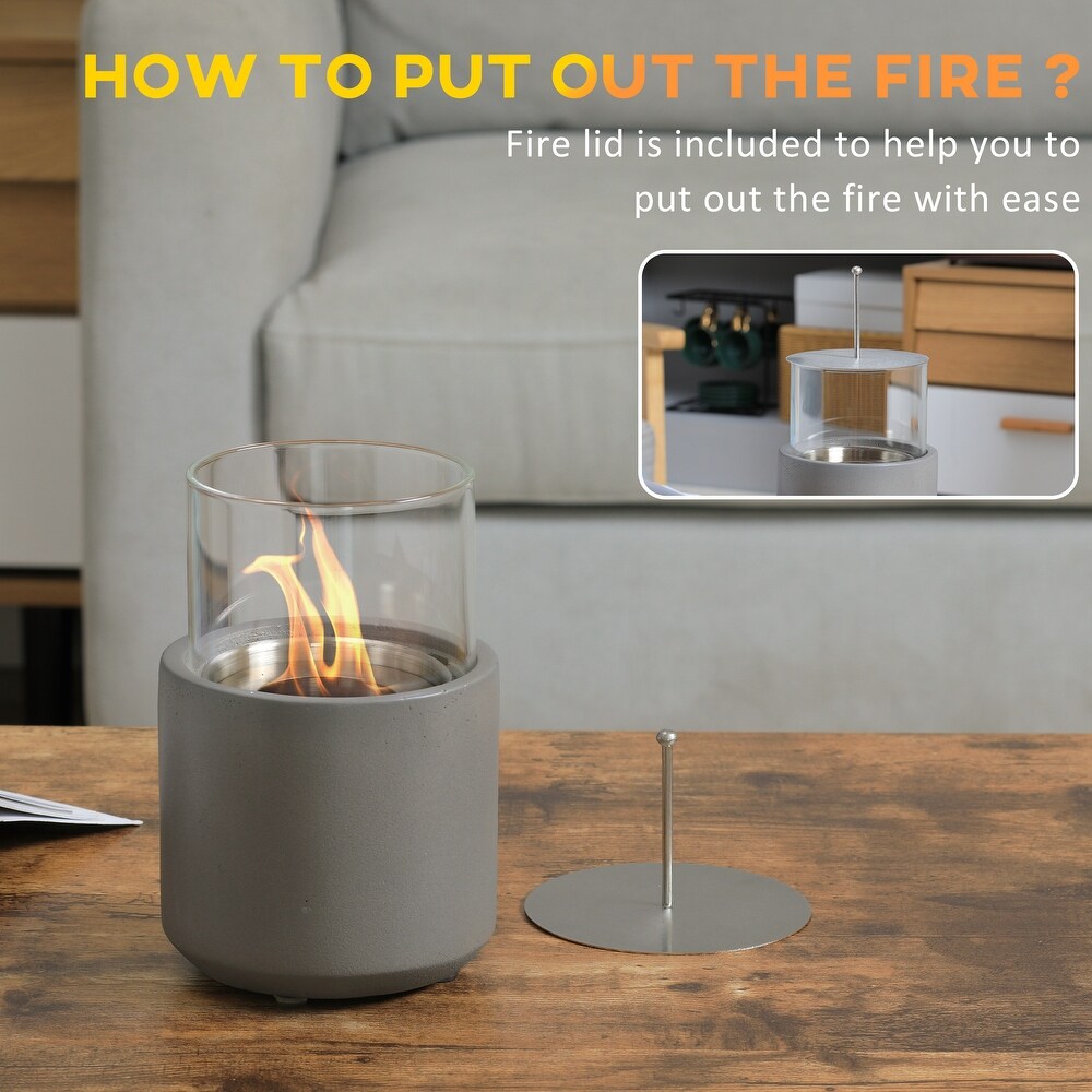 Tabletop Fireplace  Mini Concrete Ethanol Fire Bowl with Lid  Burns up with Liquid Alcohol and Solid Tablet Alcohol