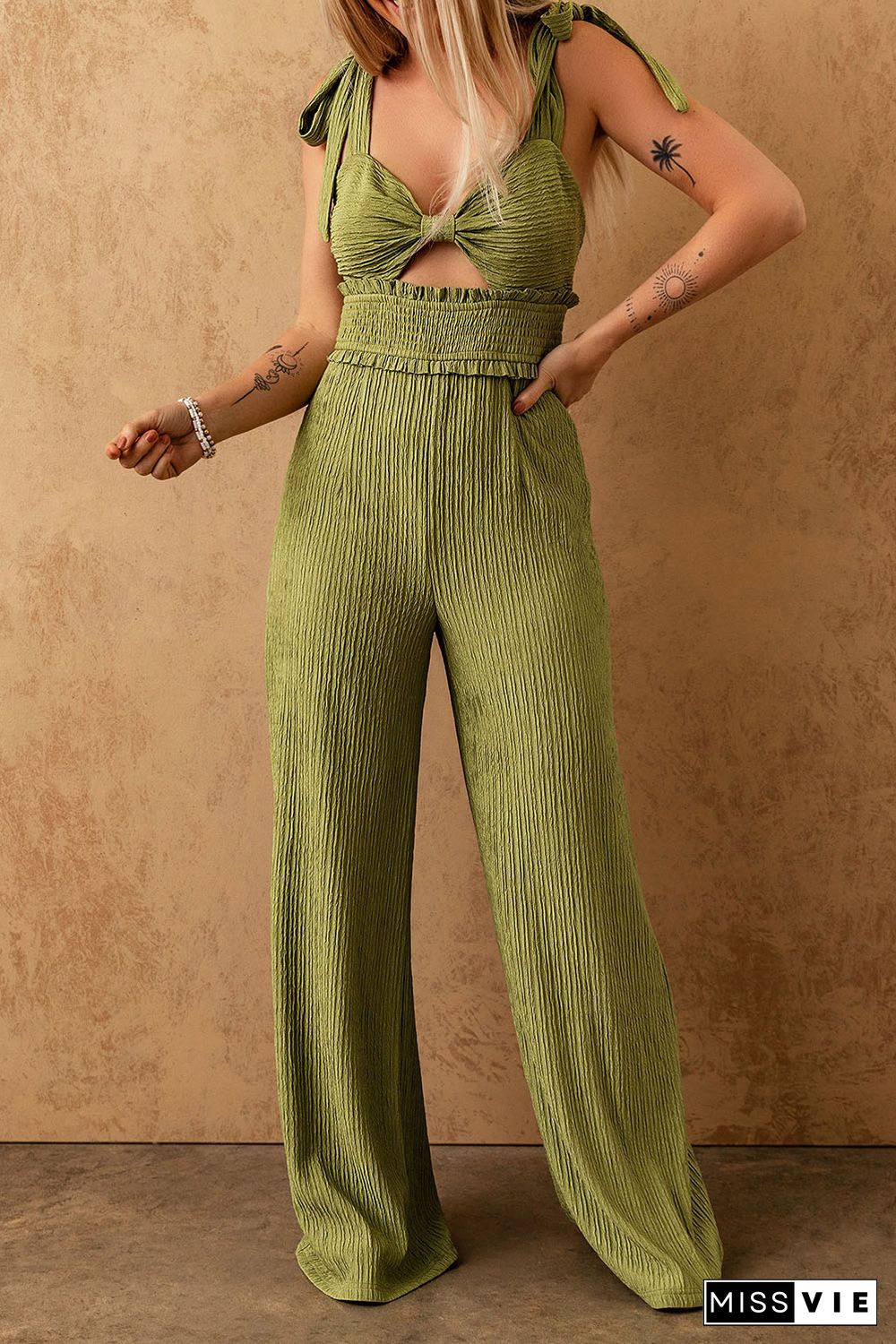 Green Shirred Knotted Front Tied Shoulder Wide Leg Jumpsuit