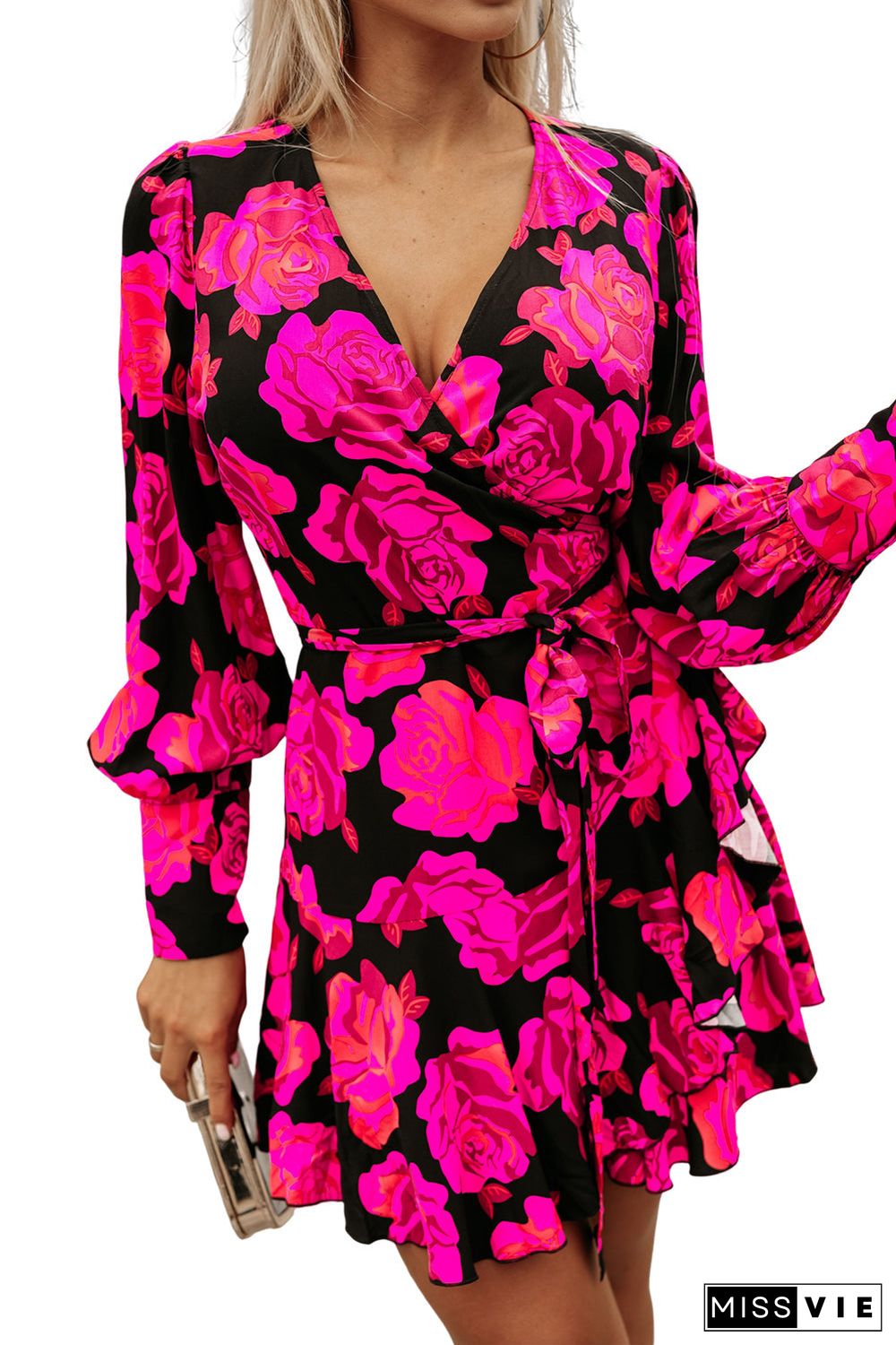 Rose Floral Print V Neck Wrap Bishop Sleeve Ruffle Tiered Mini Dress