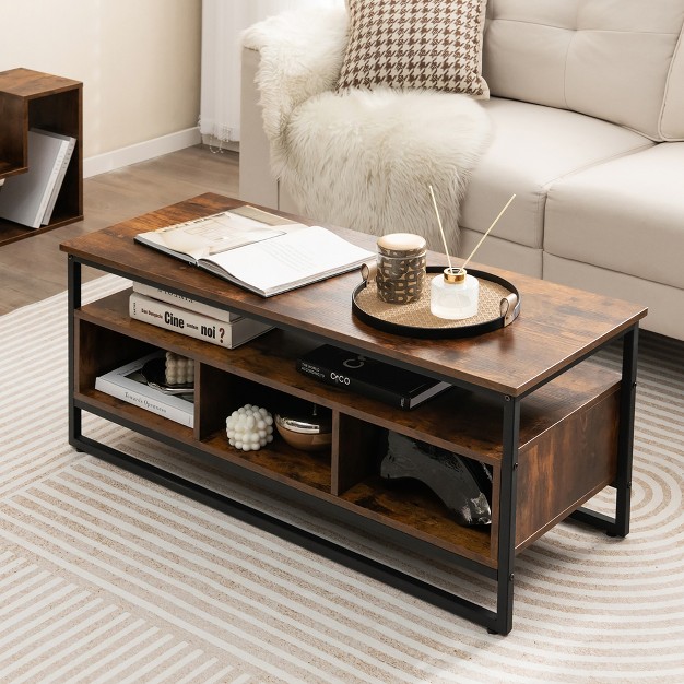 Costway Industrial Coffee Table Metal Frame Center Table With Open Shelf amp 3 Cubbies