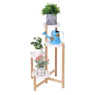 AESOME 4-Tier Bamboo Plant Stand 31.5 in. Tall Flower Pot Display Shelf Holder Nordic Style Wooden Rack with White Shelves HJ456L