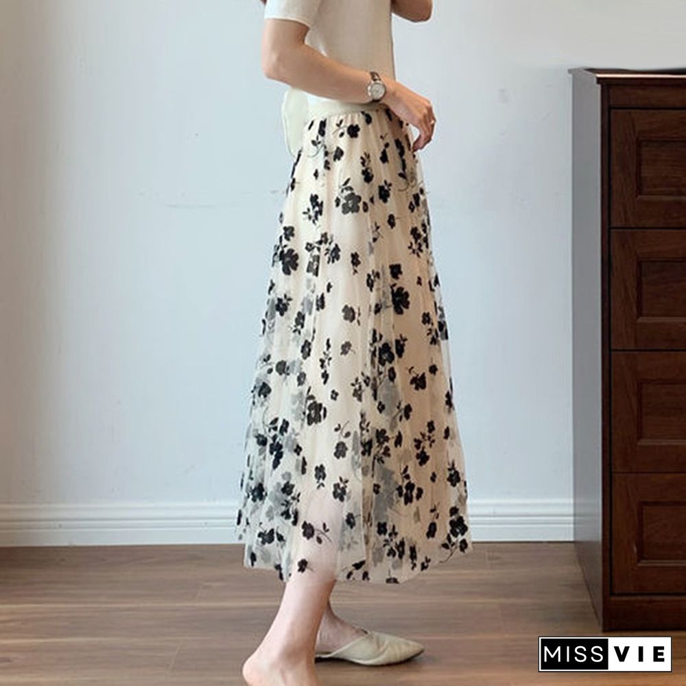 Spring Summer Women Long Maxi Pleated Skirt Midi Skirt High Waist Elascity Casual All-Match A- Line High Waist Streetwear Skirts