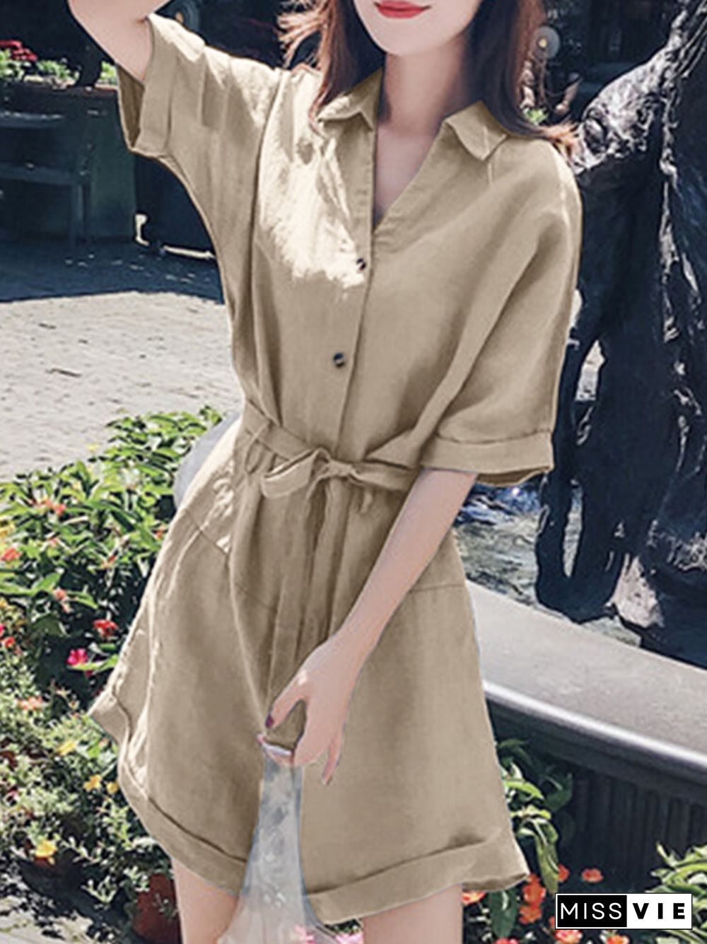 Solid Pocket Lapel Belt Button Front Short Sleeve Romper