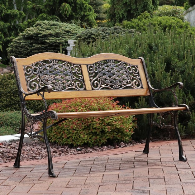 Sunnydaze 2 person Ivy Crossweave Design Cast Iron And Wood Frame Outdoor Garden Bench