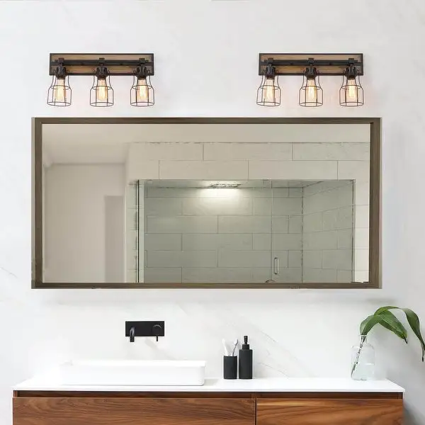 Ino Farmhouse 3-Light Linear Bathroom Vanity Lights Wood Grain Wall Sconce - 21