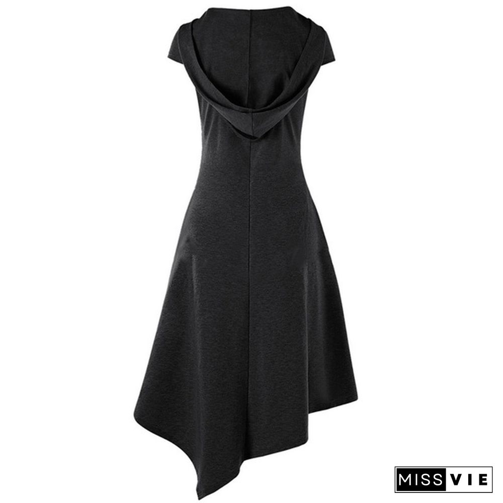 Gothic Medieval Style Women Hooded Criss Cross Irregular Handkerchief Dress Summer Casual Sleeveless Dress Asymmetrical Dresses