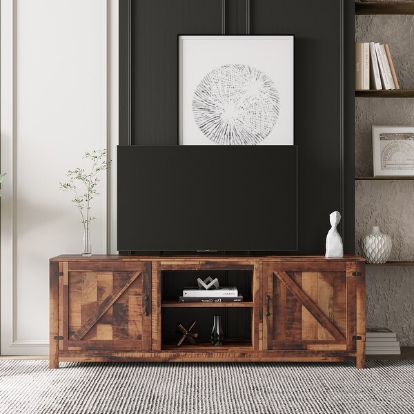 Farmhouse TV Stand， Wood Entertainment Center Media Console with Storage