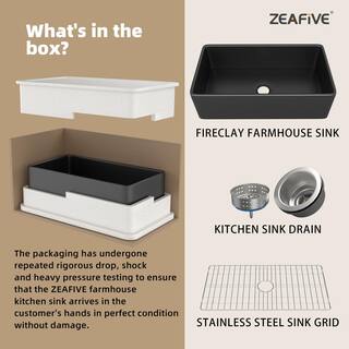 Zeafive 36 in. Fireclay Farmhouse Apron Front Single Bowl Kitchen Sink Matte Black With Bottom Grid and Strainer ZFC3618-B2