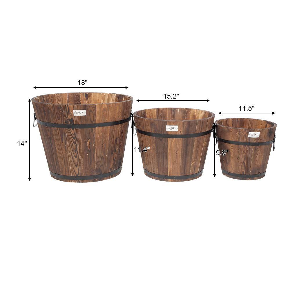 VINGLI Wooden Planter Barrel Set Real Wood Rustic Flower Pot with Drainage Holes (3-Piece) HDG26000841