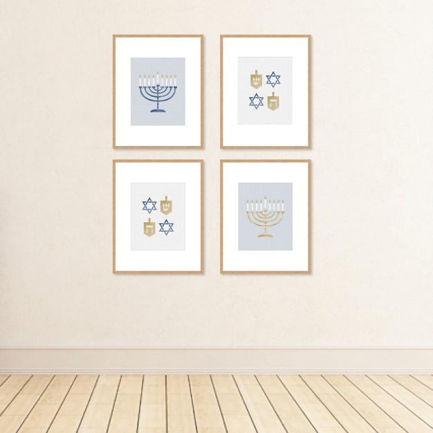 Big Dot Of Happiness Happy Hanukkah Unframed Menorah And Dreidel Chanukah Holiday Linen Paper Wall Art Set Of 4 Artisms 8 X 10 Inches