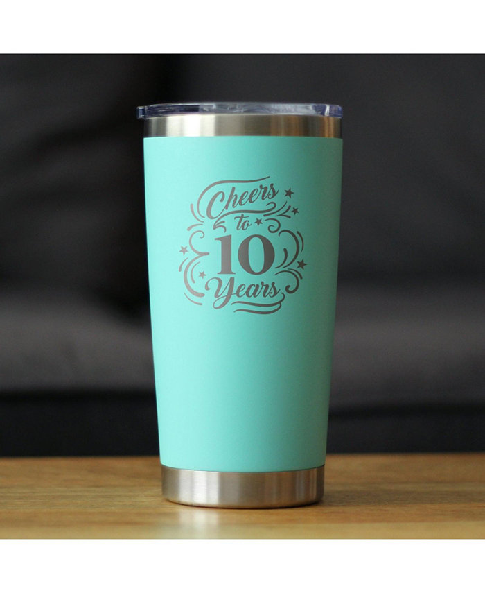 Bevvee Cheers to 10 Years - Insulated Coffee Tumbler Cup with Sliding Lid - Stainless Steel Insulated Mug - 10th Anniversary Gifts and Party Decor