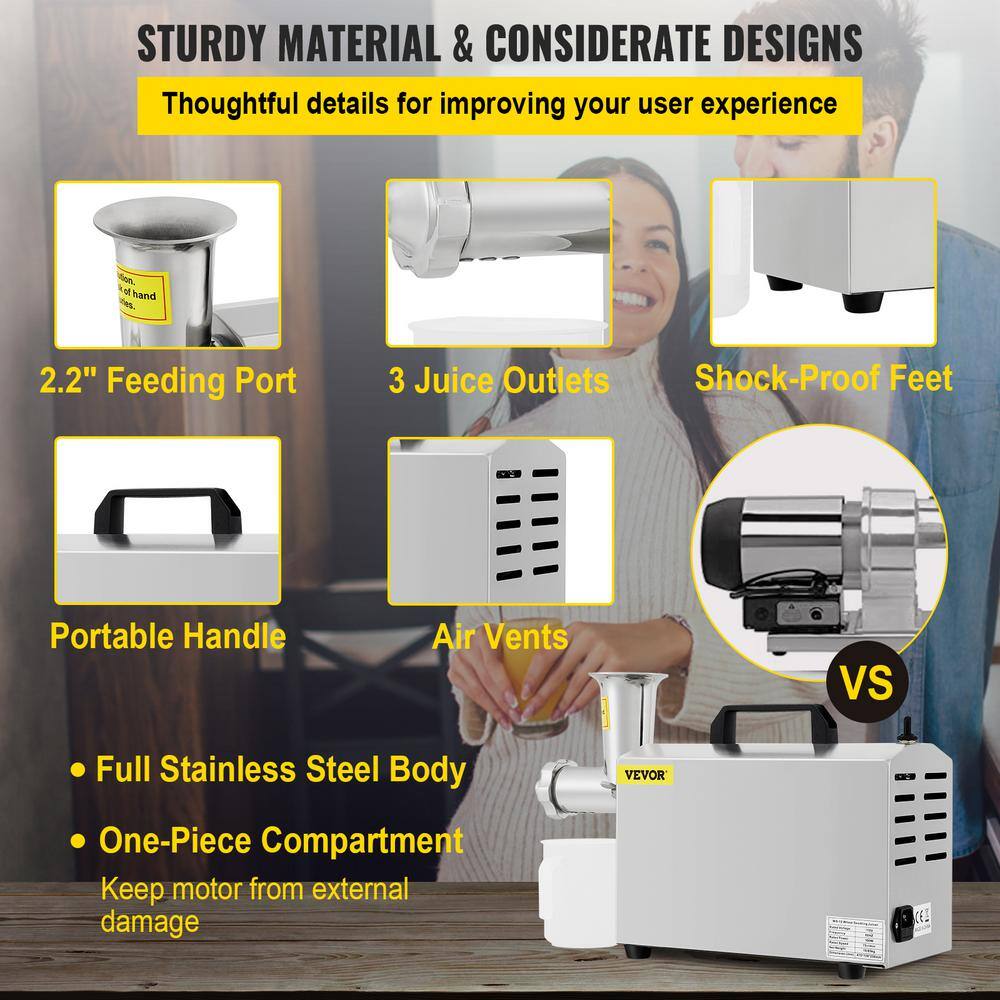 VEVOR Commercial Wheatgrass Juicing Machine 80% Juice Yield Stainless Steel Portable Cold Press with 100-Watt 75RPM Motor DDDGN370W110VR4S7V1