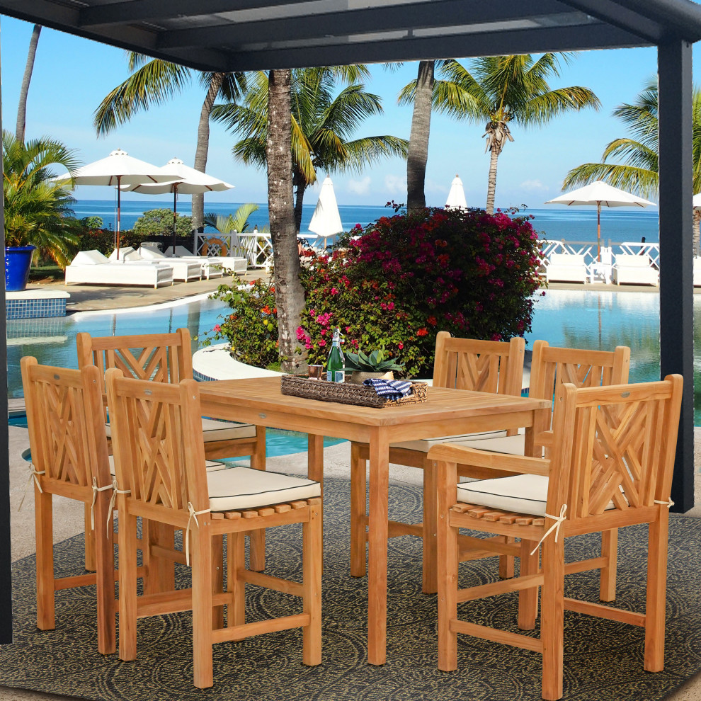 7 Piece Teak Chippendale 55 quotRect Bistro Counter Set  2 Arm and 4 Side Stools   Transitional   Outdoor Pub And Bistro Sets   by Chic Teak  Houzz