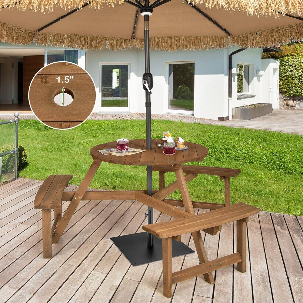 ANGELES HOME Round Wood Frame Outdoor Bench Set Picnic Table with Umbrella Hole M10-8NP434TN