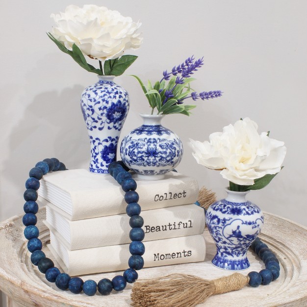 Auldhome Design Blue And White Chinoiserie Vases 3pc Set Mini Decorative Bud Vases For Farmhouse Cottagecore And Vintage Decor