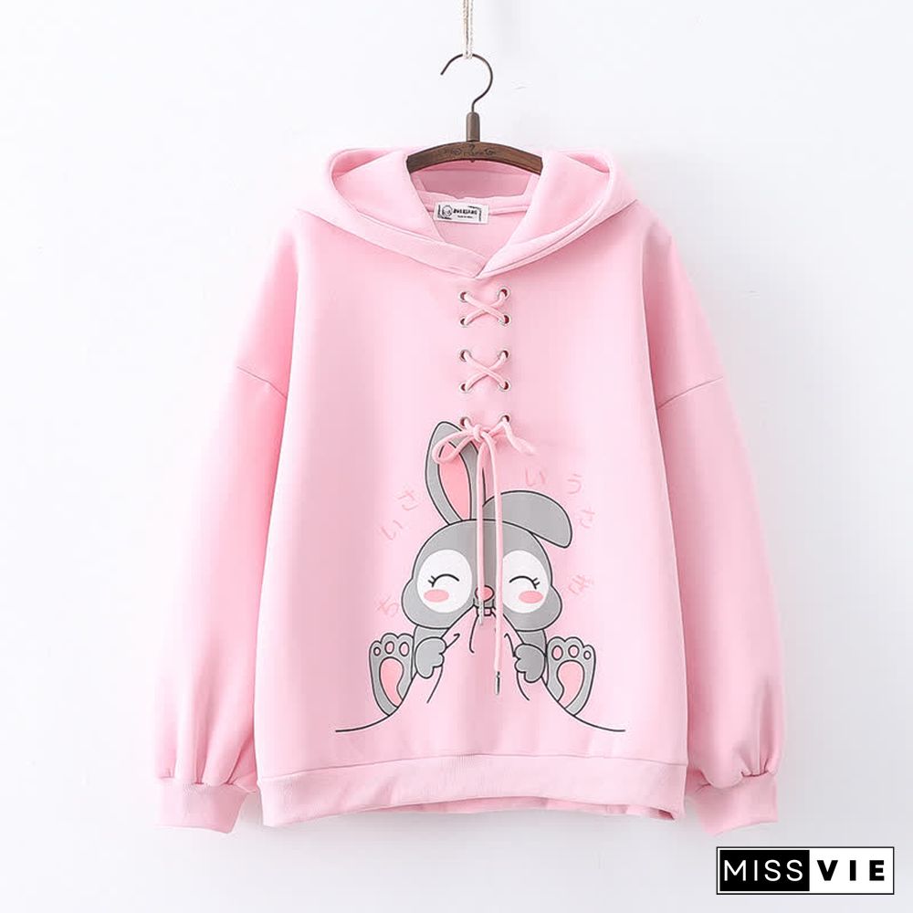 Cartoon Rabbit Print Lace Up Loose Plush Hoodie