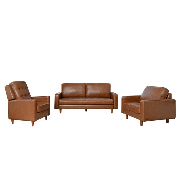 3pc Hobbes Mid century Leather Set With Recliner Camel Abbyson Living