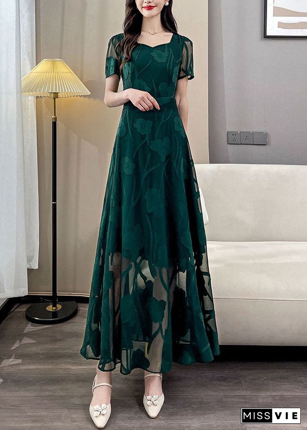 Jacquard Green Square Collar Draping Chiffon Maxi Dresses Summer