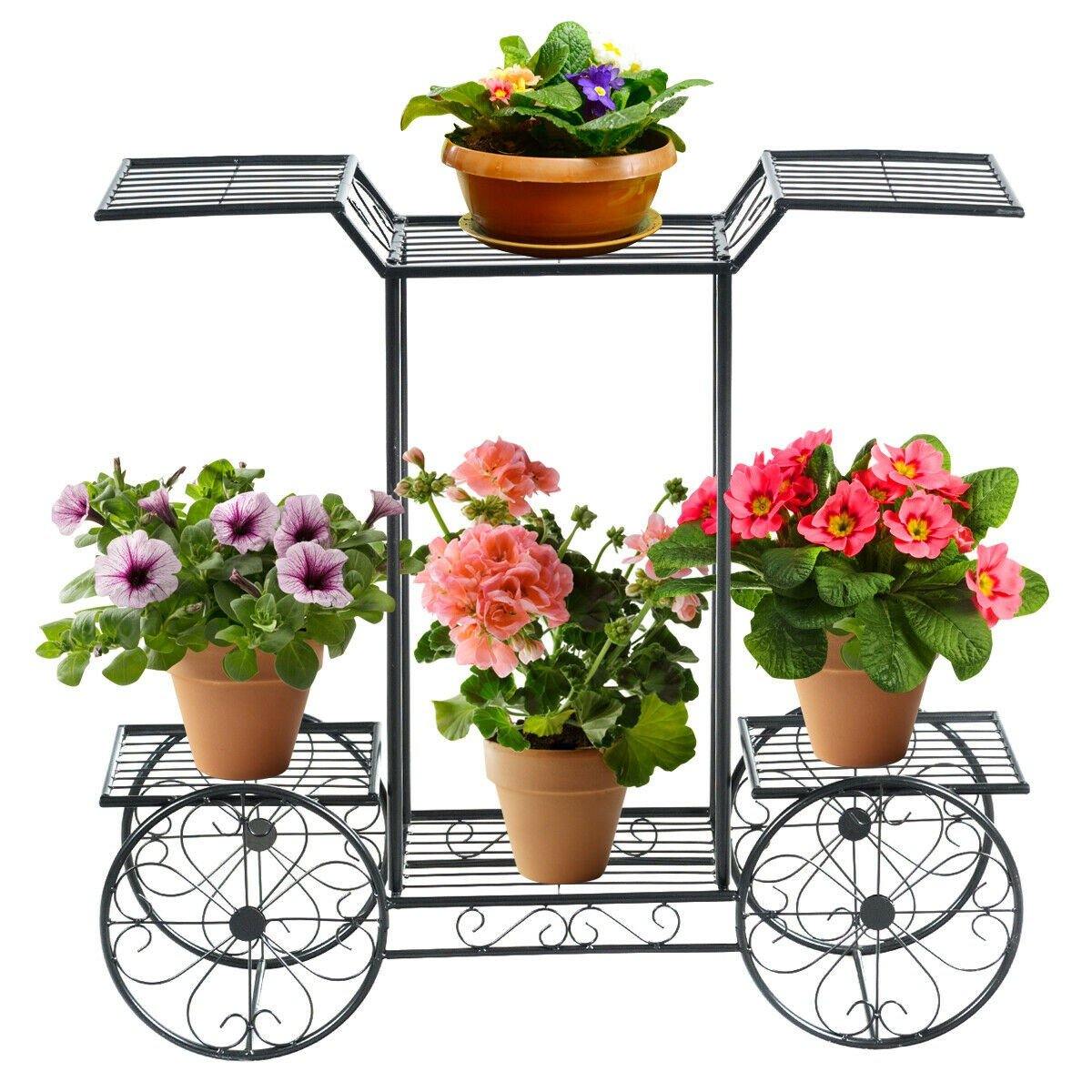 6-Tier Outdoor Garden Cart Metal Flower Rack Display Stand with 4 Wheels