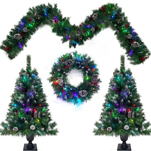 Prelit Xmas Tree Artificial Christmas 4Piece Set，Garland，Wreath and Set of 2 Entrance Trees Xmas with LED Lights