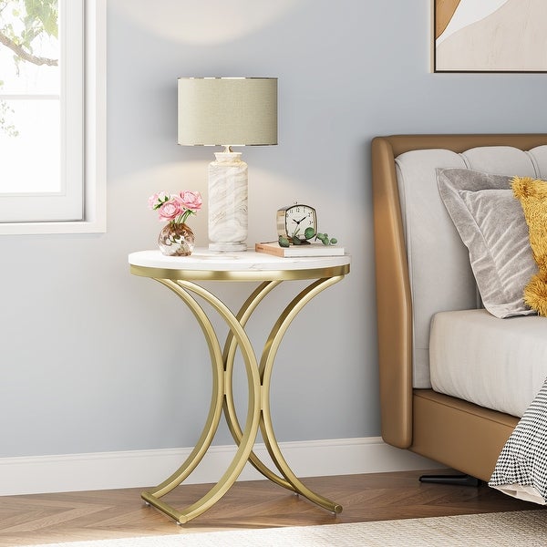 Small Modern Round Side Table End Table Nightstand with Gold Metal Frame and Faux Marble Veneer Engineered Wood for Living Room