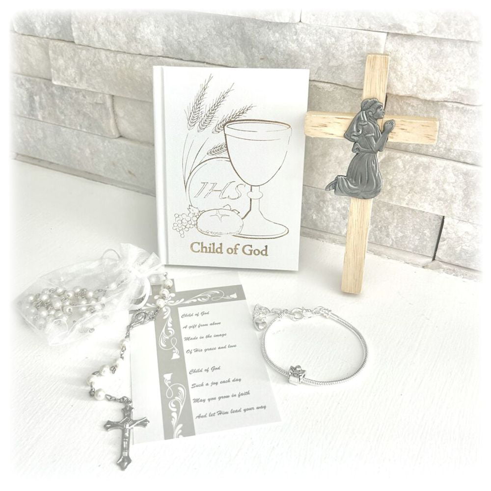 First Holy Communion Gift for Girl: 5 Piece Boxed Set Prayer Book, Rosary, Bracelet, Cross, and Prayer Card by Loving Memories