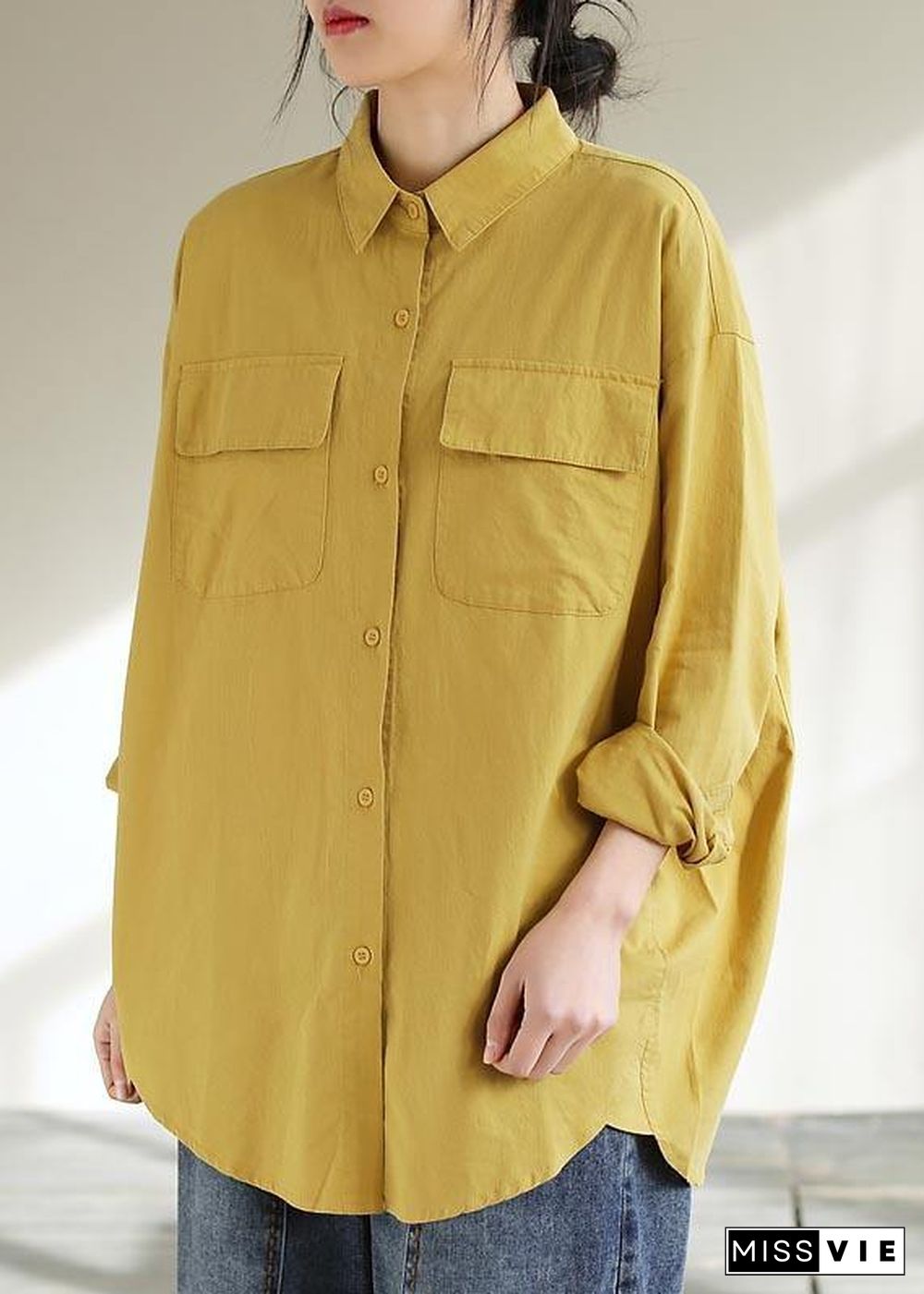 Classy Lapel Pockets Spring Top Silhouette Wardrobes Yellow Shirts