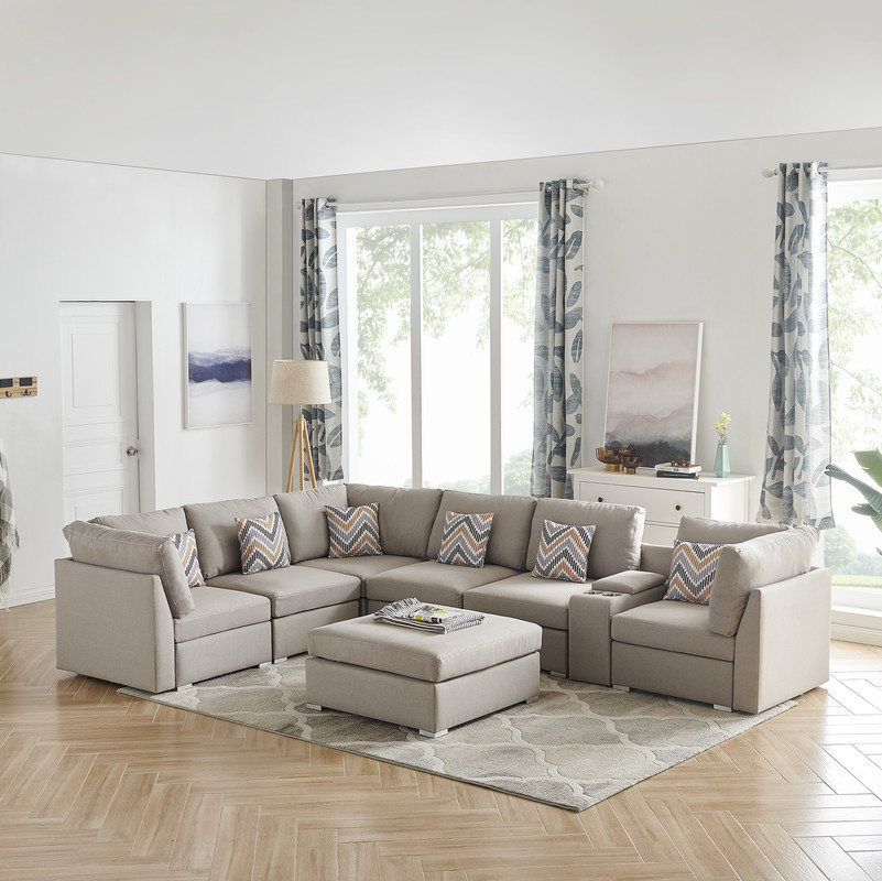 Amira Beige Fabric Reversible Sectional Sofa with USB Storage Console Cupholders   Contemporary   Sectional Sofas   by Morning Design Group  Inc  Houzz