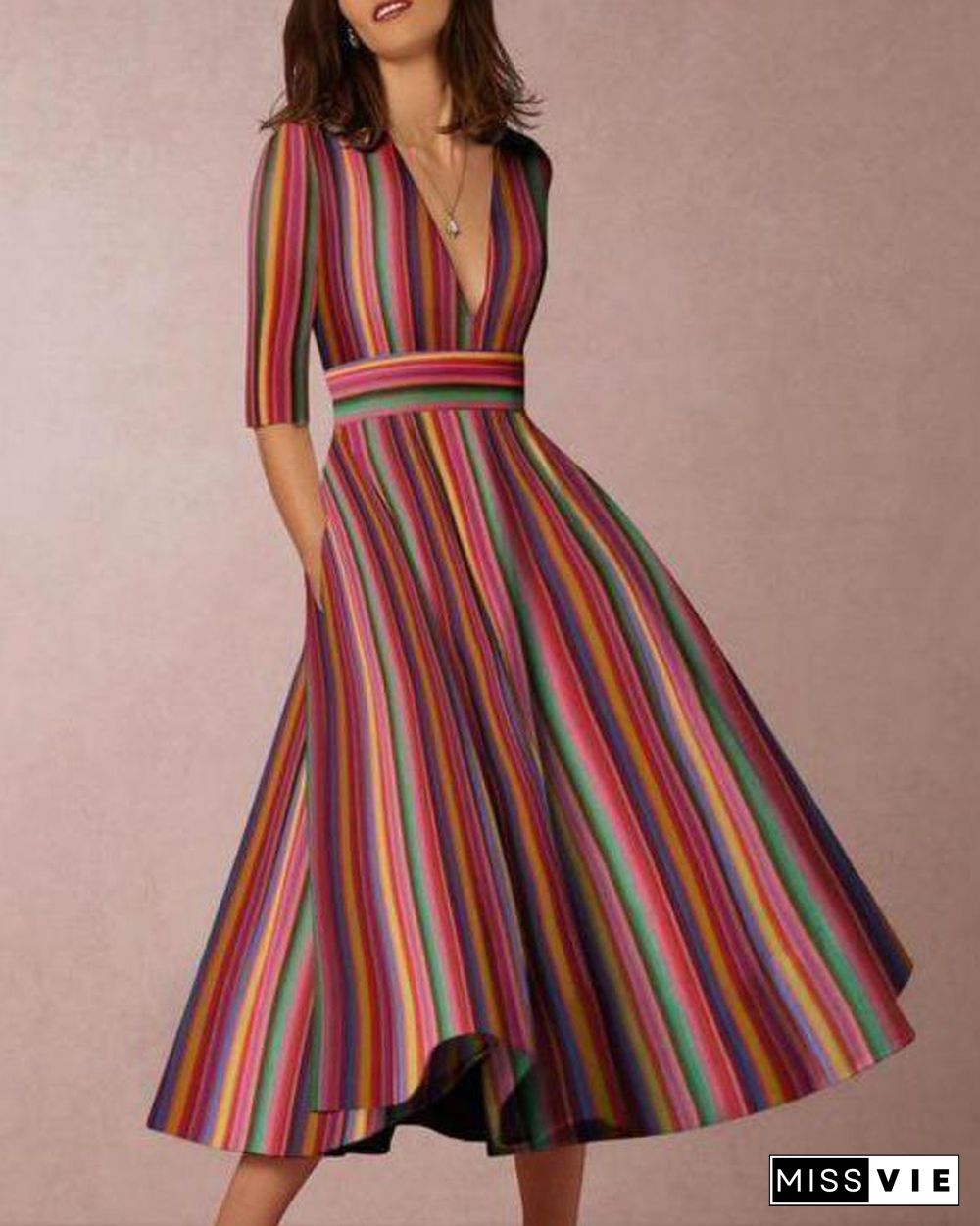 Multicolor Stripe Sexy Deep V-Neck Plus Size Maxi Dress